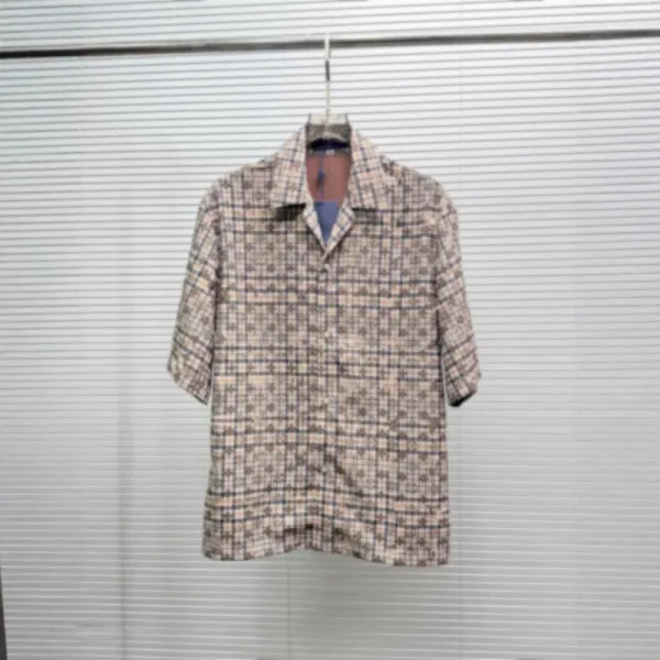 Design Short-Sleeve Shirt with Grid and Floral Pattern Beige Multicolor Shirt - 1