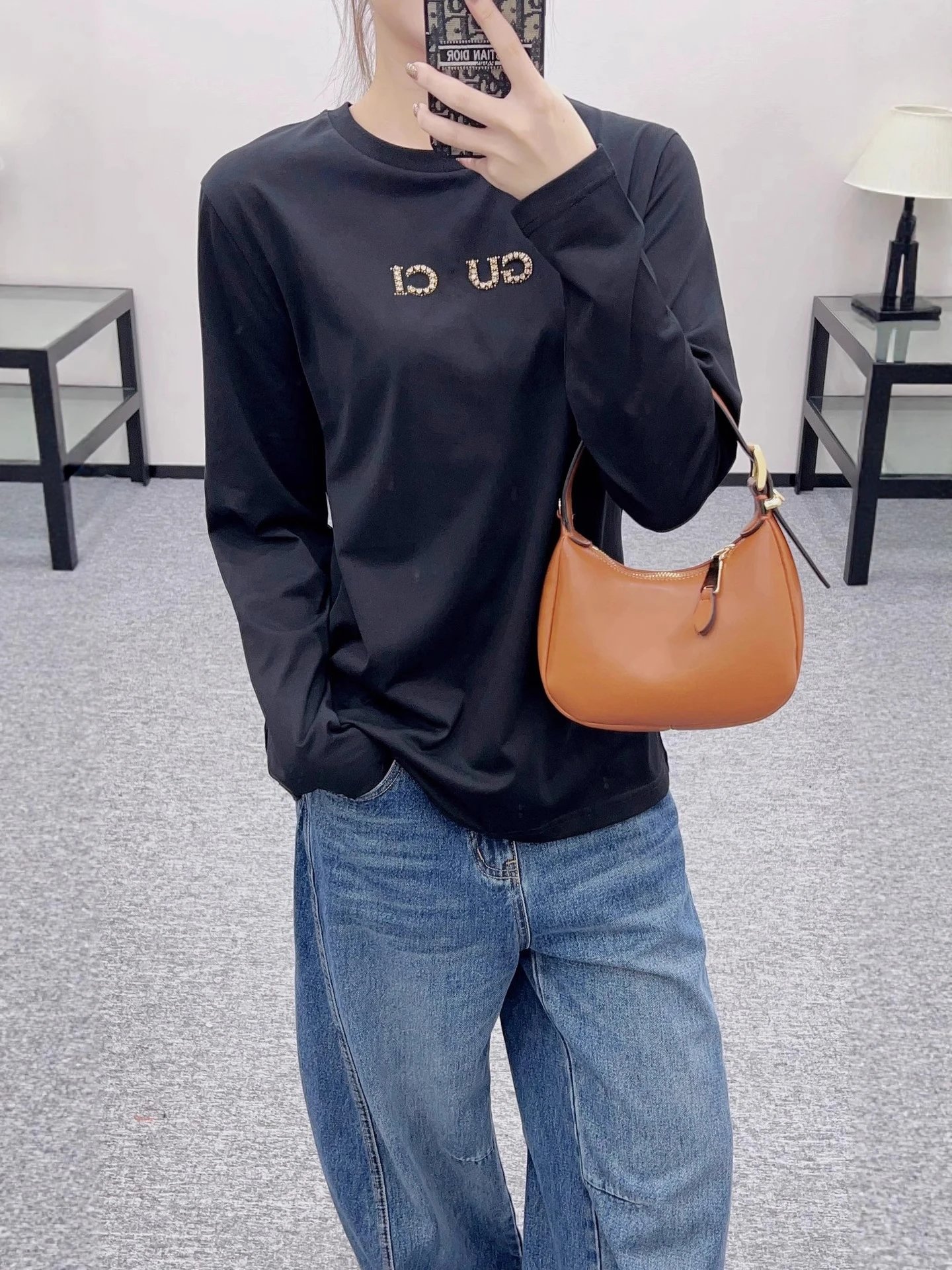 White Long Sleeve T-Shirt with Gold Embroidered Logo Casual Top