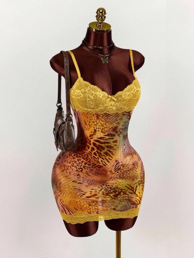 Design Leopard Print Lace Trim Bodysuit Yellow Underwear - 44