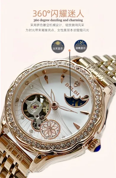 Design BELBI Moon Phase Mechanical Watch Rose Gold Watches - 9