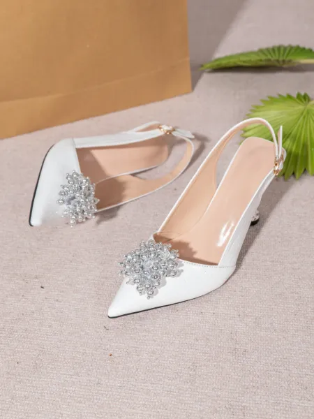 Design Crystal-Embellished White Slingback Pointed-Toe Heel - 16