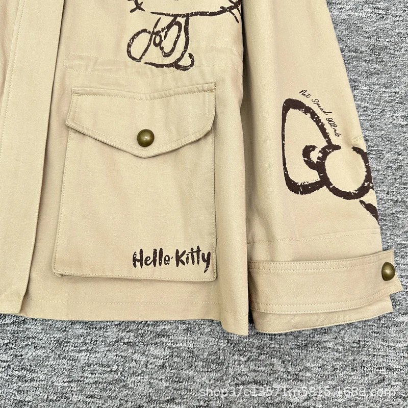Hello Kitty Graphic Print Beige Workwear Jacket Outerwear - 7