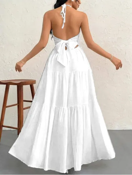 Design Halter Neck Tiered Maxi Dress Pale Yellow - 10