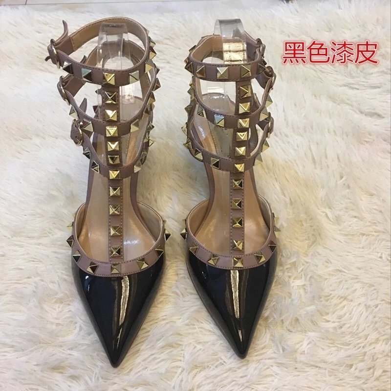 Valentino Rockstud Strappy Stiletto Heels Black Patent Leather