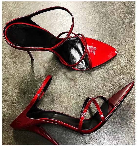 Design Strappy Patent Leather Stiletto Heels Black - 5