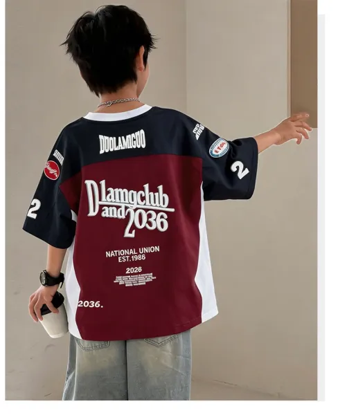 Design DLMG Graphic Print Color-Block T-Shirt Burgundy T-Shirts - 13