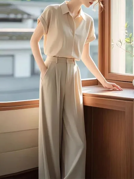 Design Beige Linen-Blend Shirt and Wide-Leg Trousers Set - 6