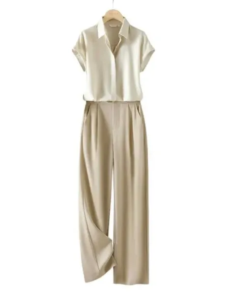 Design Beige Linen-Blend Shirt and Wide-Leg Trousers Set - 7