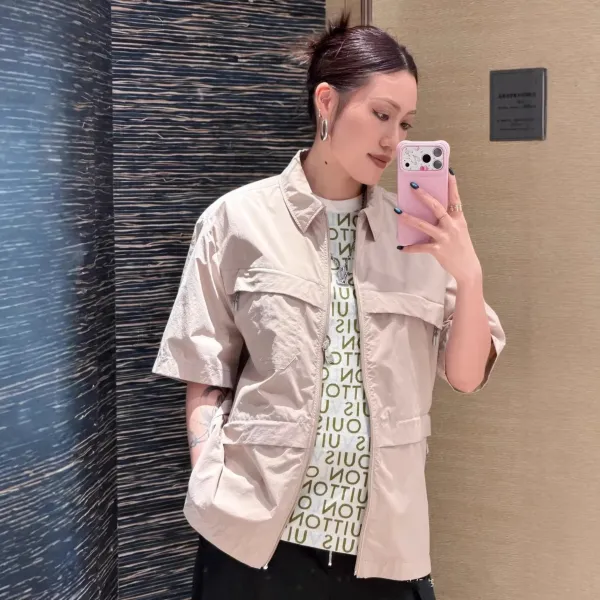 Design Utility Short-Sleeve Zip-Up Shirt Beige Tops Shirt - 3