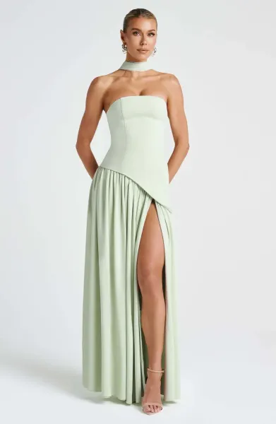 Design Olive Green Asymmetrical Halter Gown Dress.formal Dress - 24