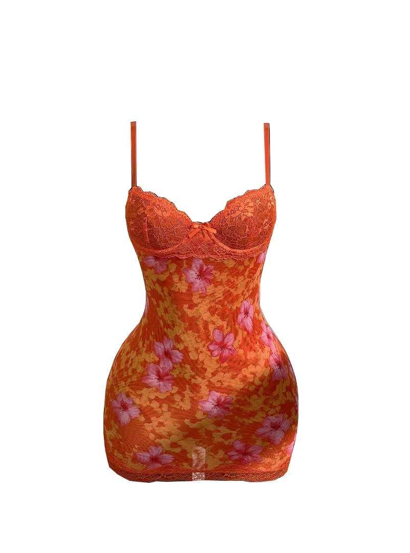 Design Leopard Print Lace Trim Bodysuit Yellow Underwear - 3