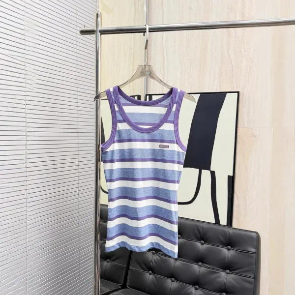 Design Striped Ribbed Trim Tank Top in Purple, Blue, and White Vest Top - 1