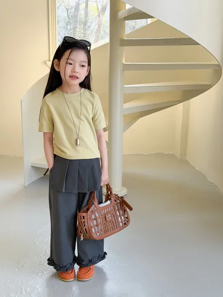Design Short Sleeve T-Shirt in Sage Green with Tiered Lace Skirt Set - 44