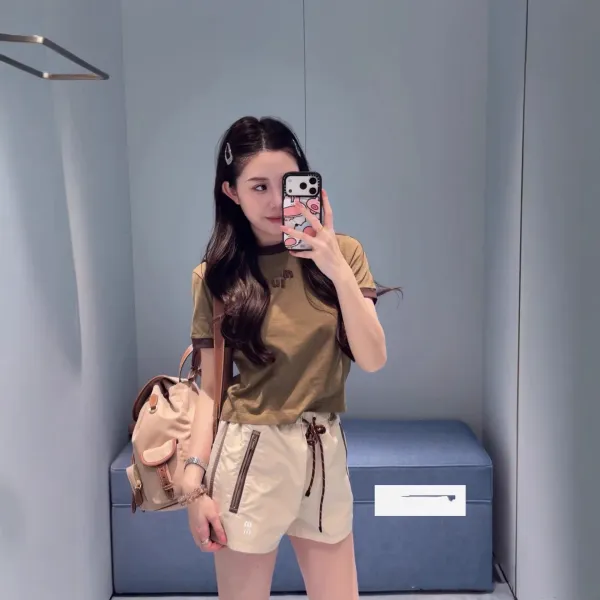 Miu Miu Nylon Drawstring Shorts Beige with Brown Trim Shorts - 4