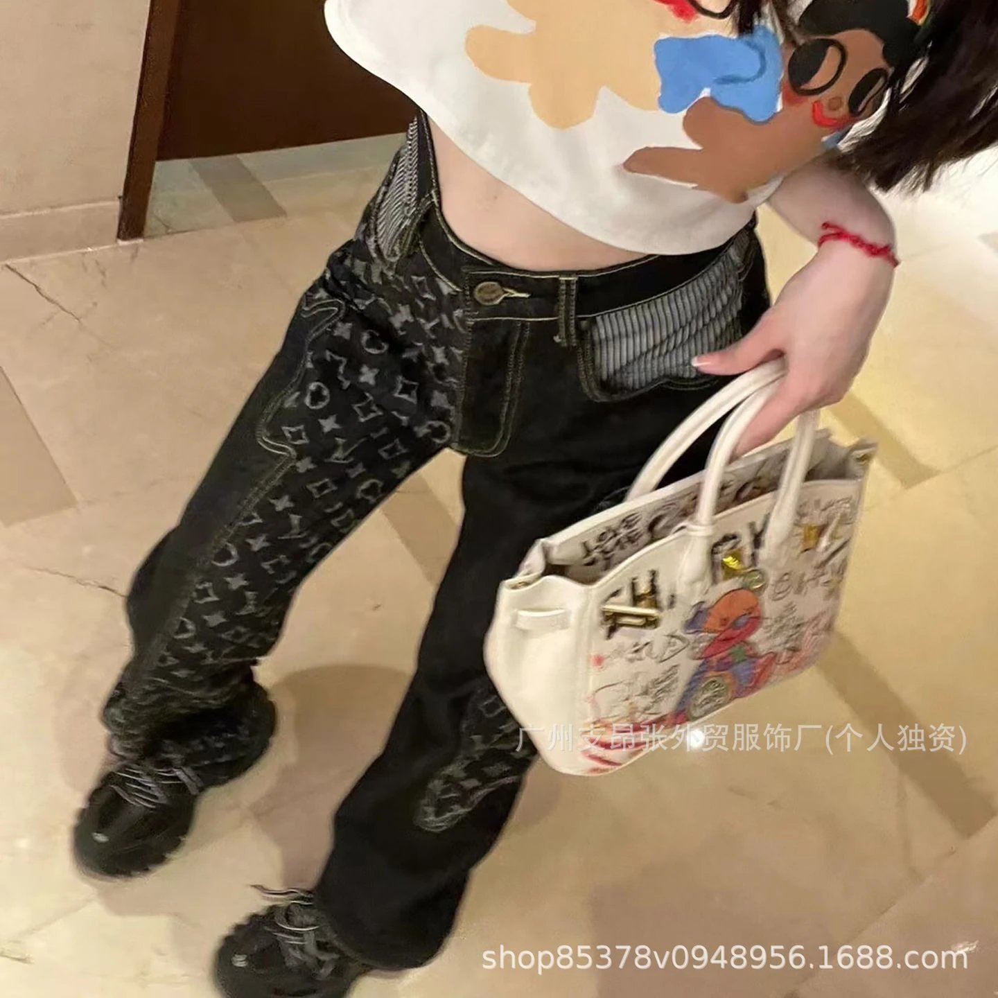 Monogram Print Black Wide Leg Denim Jeans
