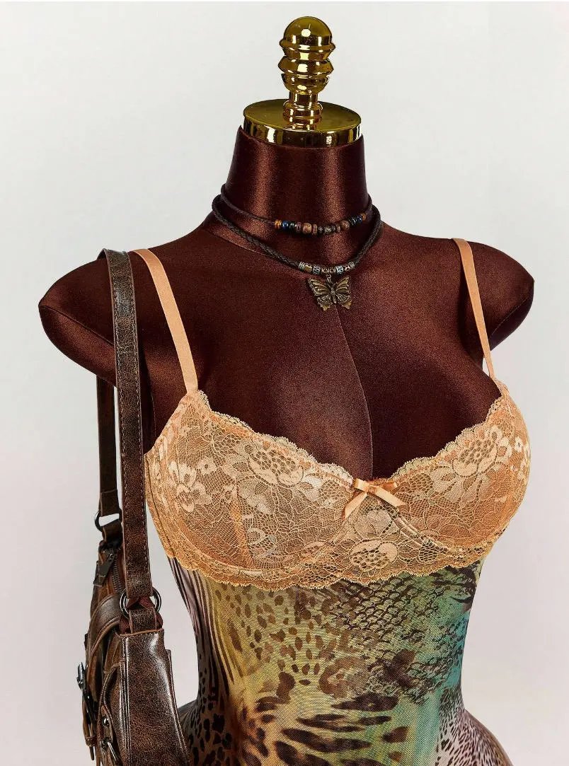 Design Leopard Print Lace Trim Bodysuit Yellow Underwear - 19