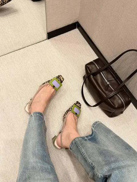 Design Leopard Print Slingback Block Heel with Lime Green Buckle Shoes - 17