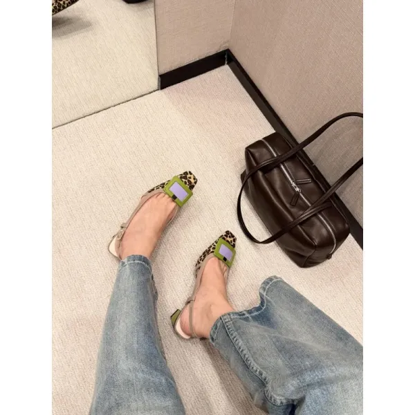 Design Leopard Print Slingback Block Heel with Lime Green Buckle Shoes - 19