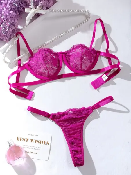 Design Red Lace Strappy Bra and Thong Set Underwear - 17