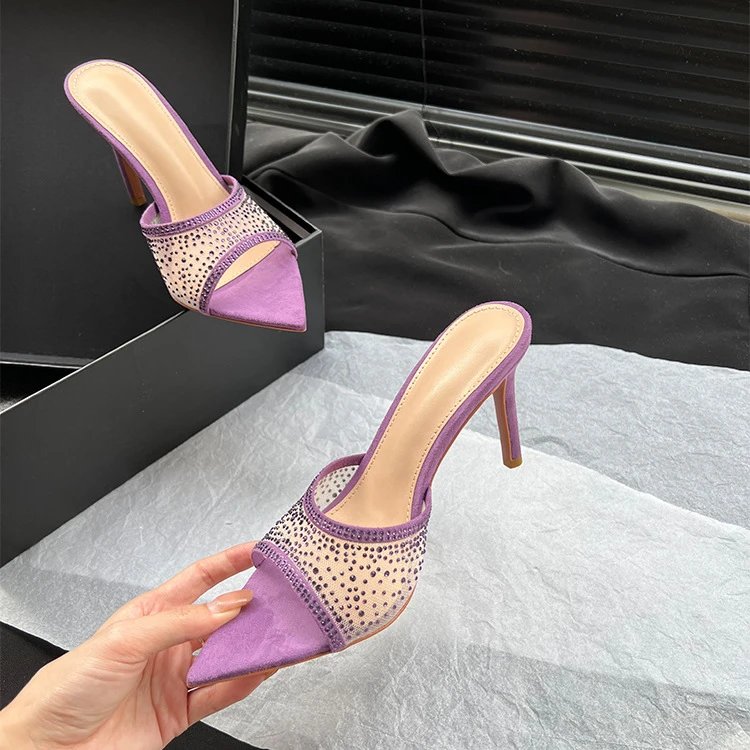 Design Mesh-Embellished Pointed-Toe Mule Heels Black - 20