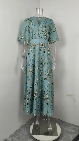 Design Floral Print V-Neck Wrap Maxi Dress in Light Blue and Red - 5