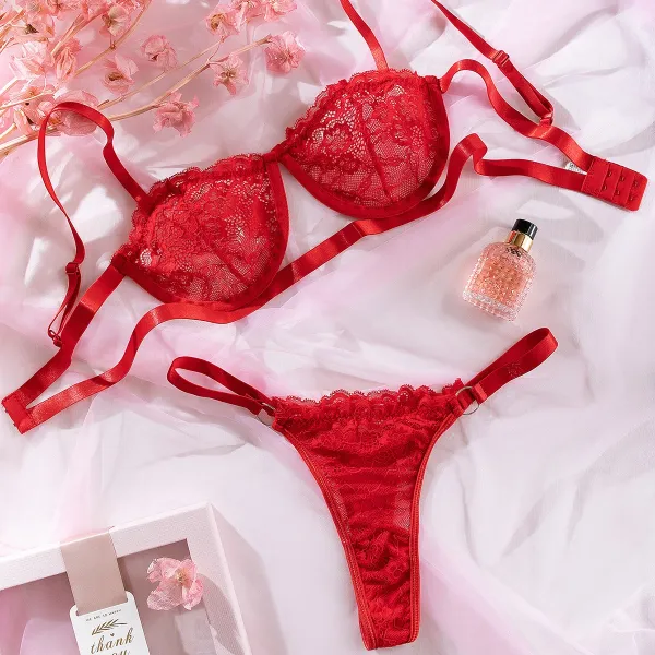 Design Red Lace Strappy Bra and Thong Set Underwear - 31