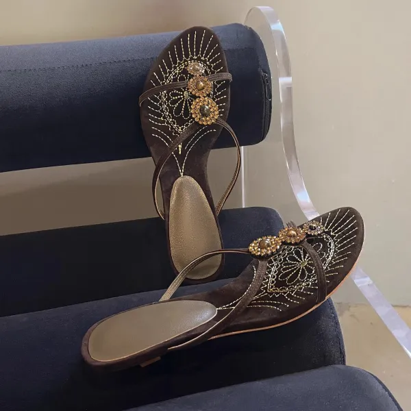 Design Embellished Suede Thong Sandals in Dusty Gray - 10