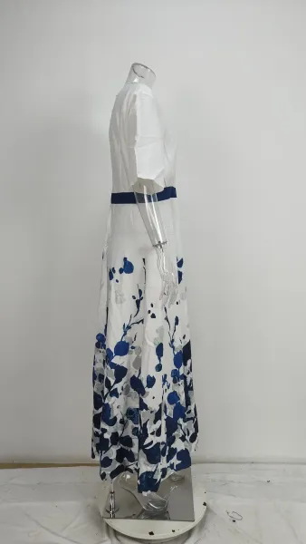 Design Floral Print V-Neck Wrap Maxi Dress in Light Blue and Red - 18