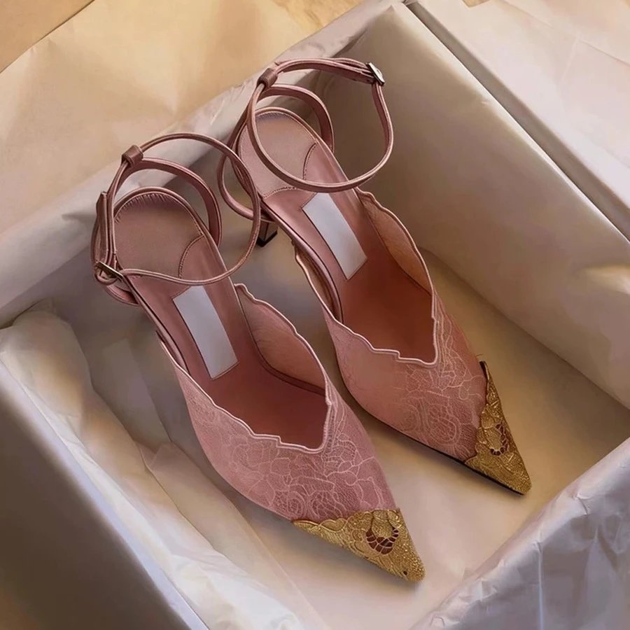 Design Lace-Embellished Pointed-Toe Ankle Strap Heels in Dusty Pink with Gold Toe Cap