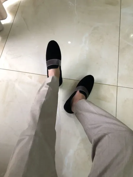 Design Black Velvet Loafers with Taupe Strap Slip-On Shoes Loafers - 3