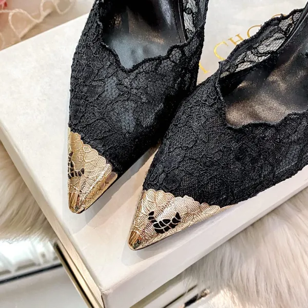 Design Lace-Trimmed Pointed-Toe Mules with Gold Cap Toe and Ankle Strap Heels - 15