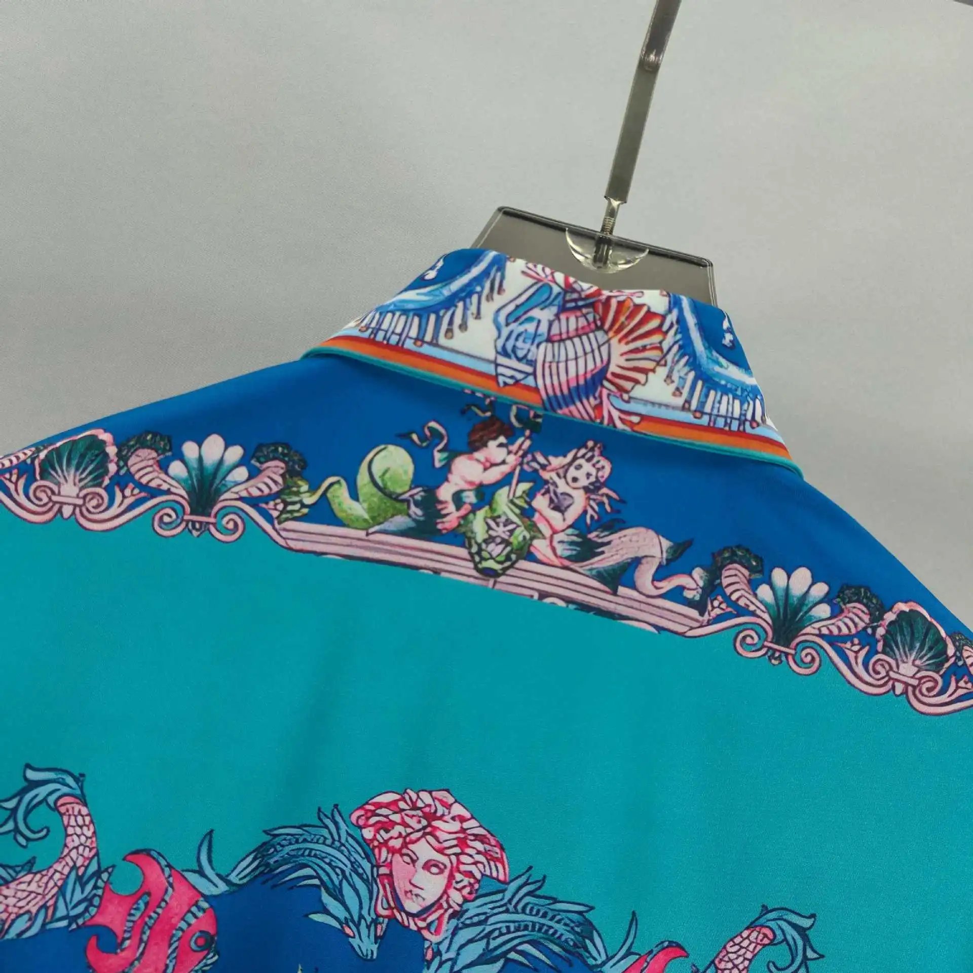 Versace Baroque Print Silk Shirt and Shorts Set Turquoise Multicolor - 5