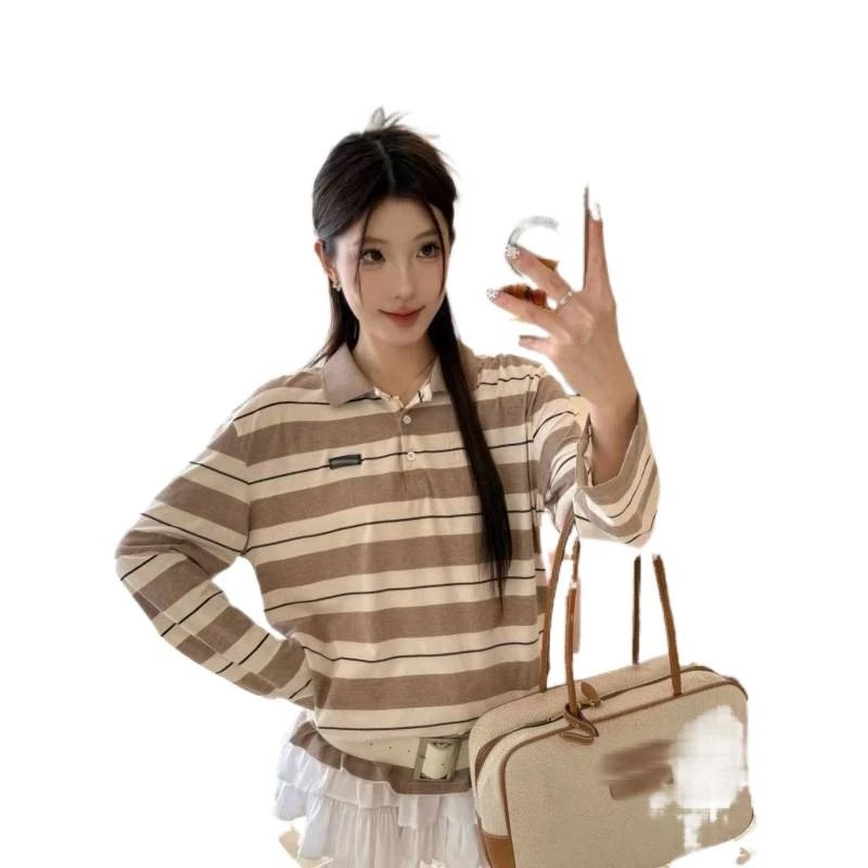 Striped Long Sleeve Polo Shirt Beige and White Casual Top