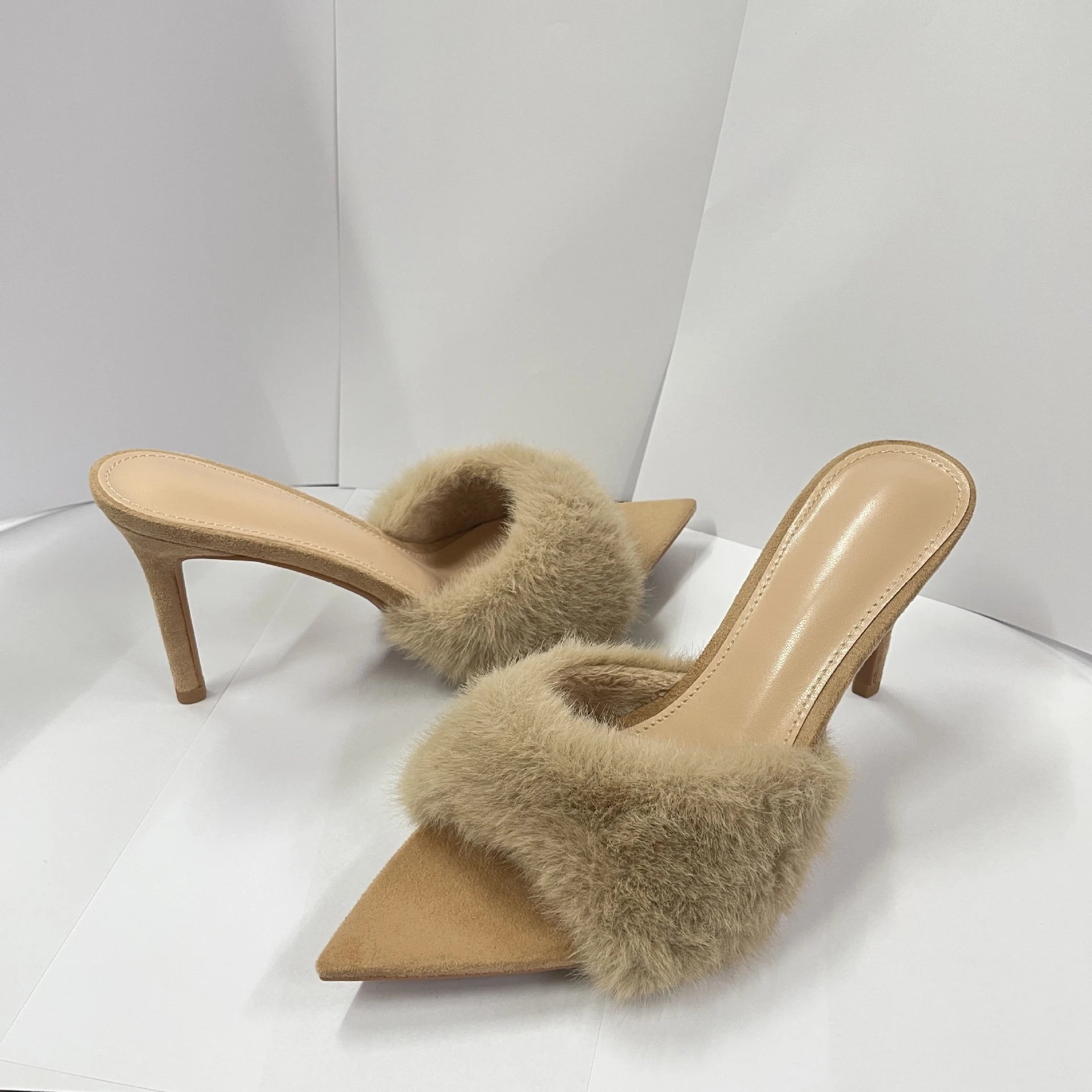 Design Furry Mule Heels Black Shoes - 2