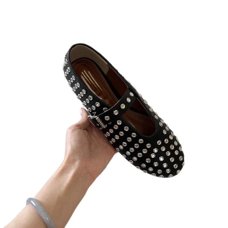 ALAI Crystal-Embellished Black Patent Leather Mary Jane Flats