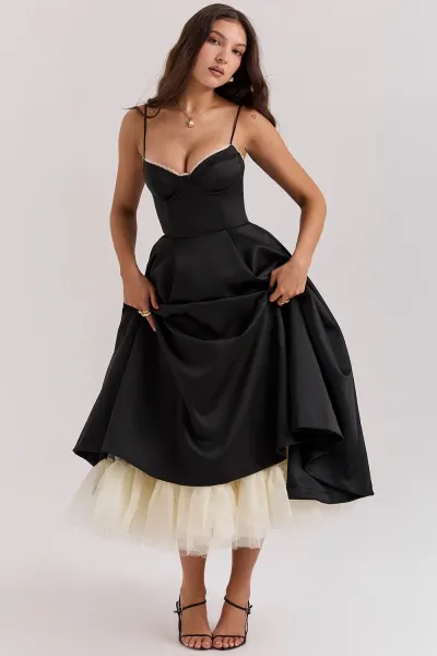 Design Yellow Lace-Trimmed Corset Midi Dress - 33