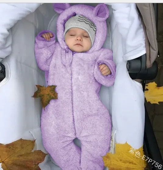 Design Purple Bear-Eared Fleece Romper with Beanie Hat Set Sleepwear - 9