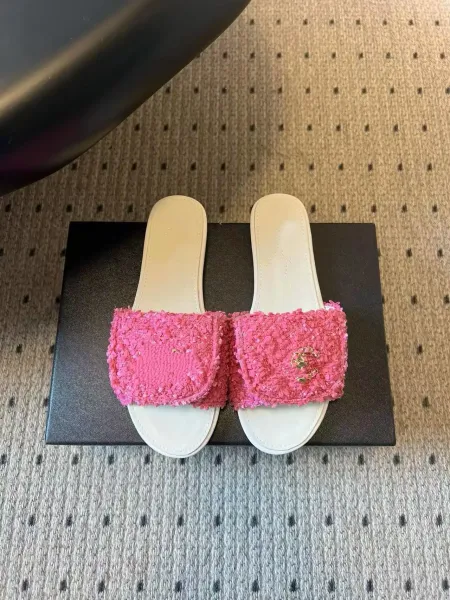 Chanel Tweed Slide Sandals Pink Slippers - 1