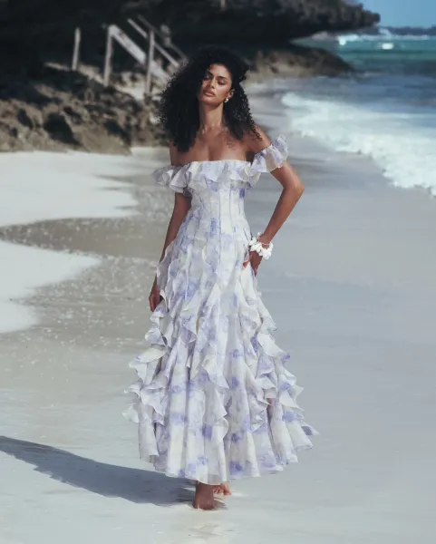 Design White Ruffled Off-Shoulder Tiered Gown Dress - 5