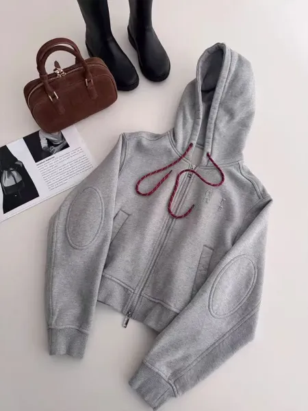 Design Cropped Zip-Up Hoodie with Red Drawstrings Gray - 3