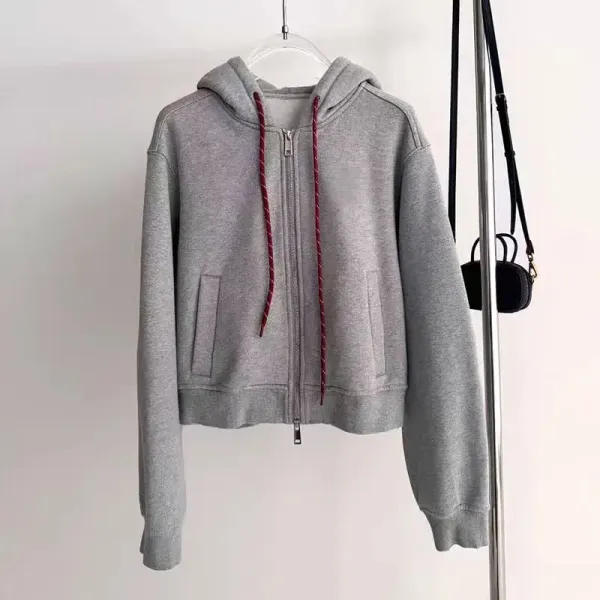 Design Cropped Zip-Up Hoodie with Red Drawstrings Gray - 5