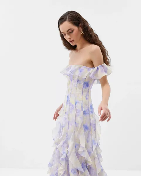 Design White Ruffled Off-Shoulder Tiered Gown Dress - 7
