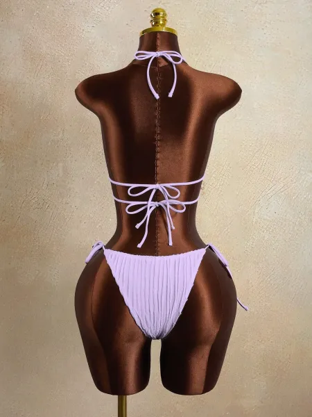 Design Seashell-Embellished Ribbed Pink Halter Bikini Set Swimwear - 13