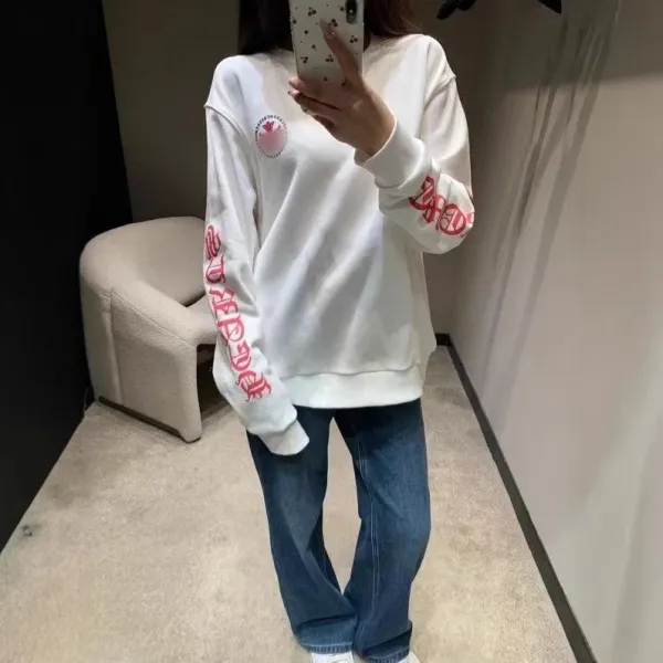 Design Long Sleeve Crewneck Sweatshirt with Red Sleeve Text and Chest Logo White Sweater - 4