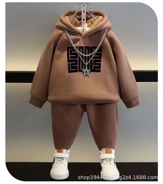 Design Graphic Hoodie and Sweatpants Set Beige Kids Tracksuit - 6