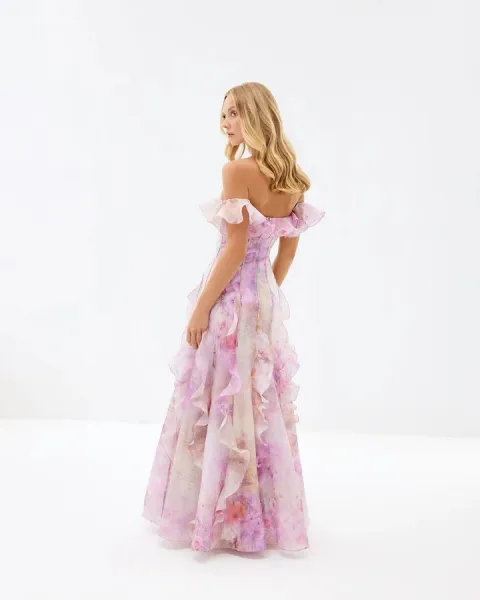 Design White Ruffled Off-Shoulder Tiered Gown Dress - 15