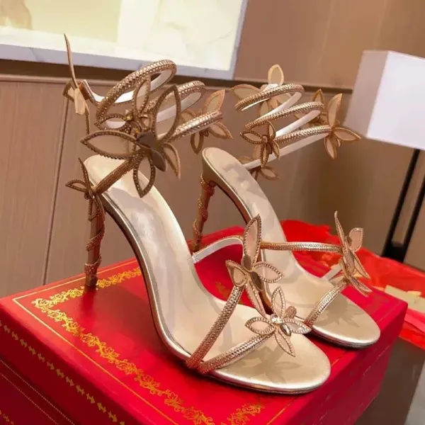 Design Butterfly Embellished Gold Stiletto Heels - 5