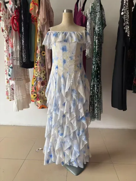 Design White Ruffled Off-Shoulder Tiered Gown Dress - 16