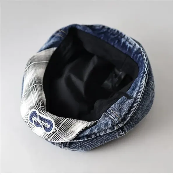 Design Denim Beret with Plaid Lining and Embroidered Logo Hat Hats - 4