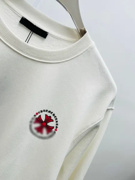 Design Long Sleeve Crewneck Sweatshirt with Red Sleeve Text and Chest Logo White Sweater - 13